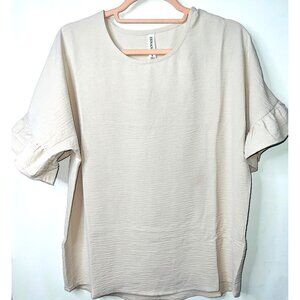 Zenana Crinkle Texture Beige Short Sleeve Top With Ruffle Detail S 100% Polyeste